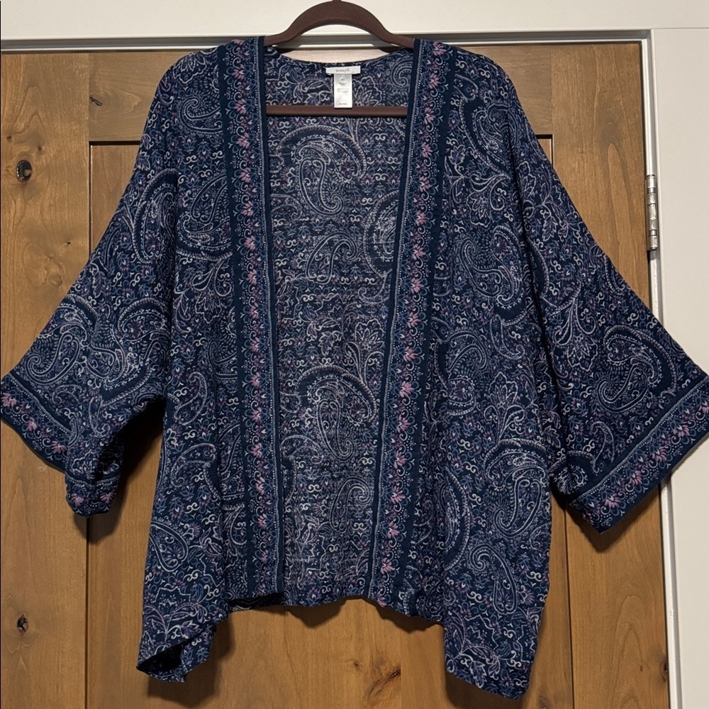 Pure Jill Paisley Floral Kimono Top blouse Womens M/L cotton embroidery blue